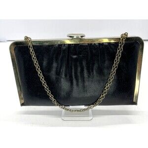 Vintage 1960s Black Leather Gold Hinge and Chain Clutch Purse Bag 60's